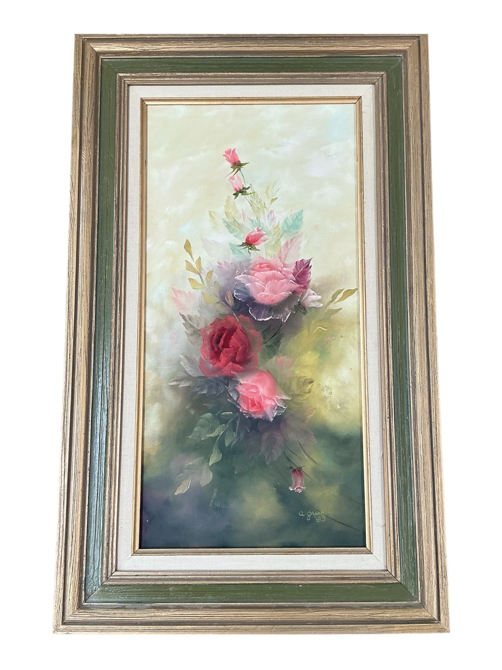 Vintage framed vertical floral still life oil painting 19x31